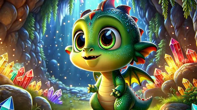 Kleiner Drache in einer bunten Fantasiewelt zwischen Pflanzen