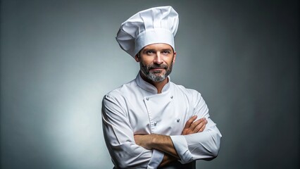 Naklejka premium Confident Chef in White Uniform Portrait - Culinary Professional Stock Photo