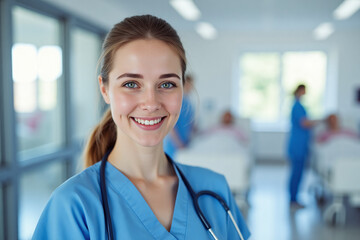 Fototapeta premium Close-Up Portrait of a Young German Female Nurse in a Hospital Setting