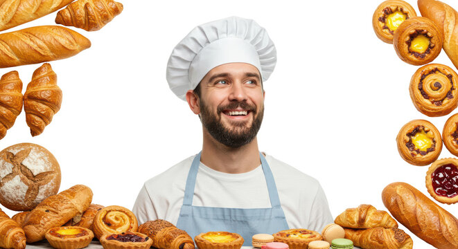 A cheerful baker wearing a chef hat and apron stands amid a variety of delicious baked goods. Croissants, tarts, and cookies frame the scene, highlighting his passion for baking - Powered by Adobe