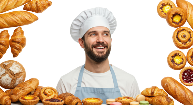 A cheerful baker wearing a chef hat and apron stands amid a variety of delicious baked goods. Croissants, tarts, and cookies frame the scene, highlighting his passion for baking