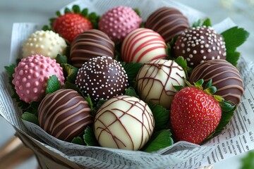 A delightful assortment of chocolate-covered strawberries with diverse toppings and decorations arranged as an edible bouquet