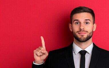 confident businessman pointing upward against vibrant red background