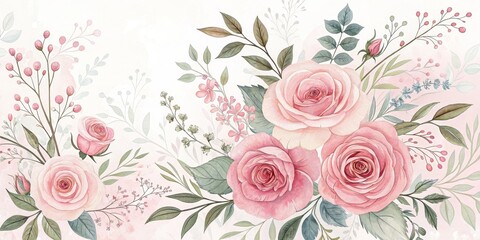 Watercolor Pink Roses Bouquet with Leaves,Floral ,Background