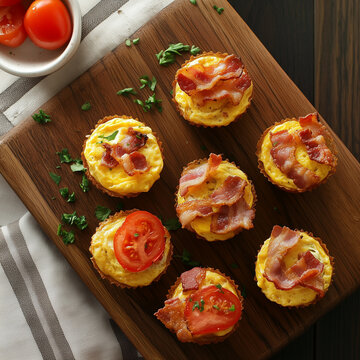 Board with mini omelets in muffin form, crispy bacon, and fresh tomatoes