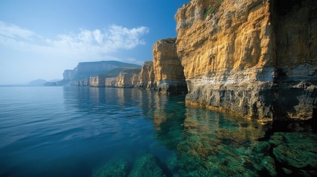 Coastal cliffs over calm blue sea water. Rocky shore in clear water. Cliffside under sunlight on peaceful day. Beautiful landscape with blue water and rocks. - Powered by Adobe