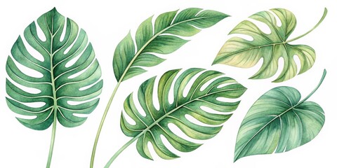 Naklejka premium Watercolor Green Tropical Leaves Set on White Background, Exotic , Monstera