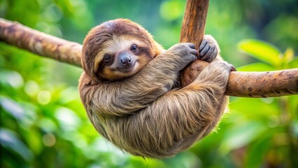 A three-toed sloth comfortably nestled on a branch, showcasing its dense fur and endearing expression in a lush, verdant setting