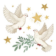 Fototapeta premium Two Doves with Olive Branch and Golden Stars, Peace , Celebration