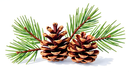 Fototapeta premium Two pine cones with green needles on white background