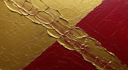 Textured gold path bisects a red field - visual richness - for abstract art prints.