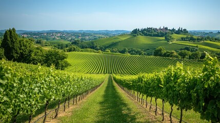 Naklejka premium Vineyard rows on green hills. Rural landscape with grape vines and trees. Summer view of countryside farm with blue sky. Growing fresh grapes.