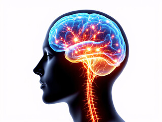 Obraz premium Glowing brain with neural connections and spinal cord, symbolizing cognitive activity and intelligence.