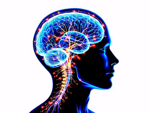 Glowing brain with neural connections and spinal cord, symbolizing cognitive activity and intelligence.