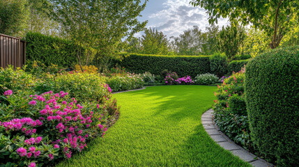 Obraz premium Lush green grass frames vibrant flower beds in a tranquil backyard garden filled with natural beauty and serenity