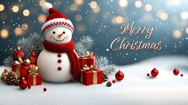 festive snowman with christmas gifts and decorations