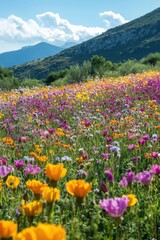 Obraz premium Flower field blooms on hillside. Many colorful flowers cover the landscape. Gentle sky above the hill. Flowers grow wild in nature.