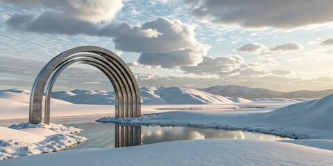 Metal Arch in Winter Landscape, snow , portal