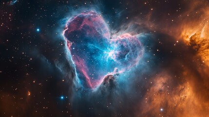 Obraz premium A heart-shaped galaxy swirling in a cosmic nebula, radiating ethereal hues of blue and pink 