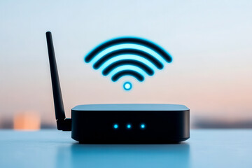 A modern Wi-Fi router with a visible signal icon, symbolizing connectivity and technology in a contemporary setting.
