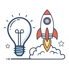 Innovation Launch Lightbulb Idea and Rocket Taking Off , Startups, Creativity