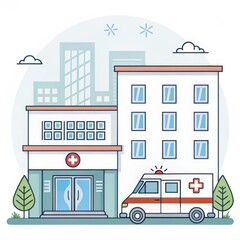 Obraz premium Hospital building with ambulance and cityscape illustration,healthcare, emergency