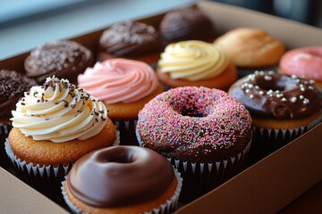Box of Delightful Cupcakes: A colorful assortment of frosted cupcakes and donut-shaped cupcakes tempts the taste buds