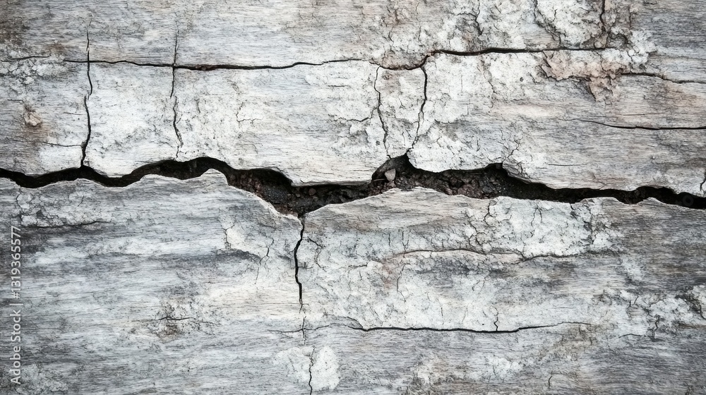 Poster deep cracks run through the weathered wood, showcasing its rugged texture and age. nature's artistry