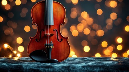 Elegant violin on a textured surface, highlighted by warm bokeh lights