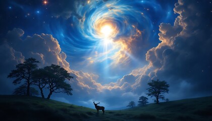 Obraz premium Stunning Celestial Landscape Deer Peaceful Night Sky Artwork