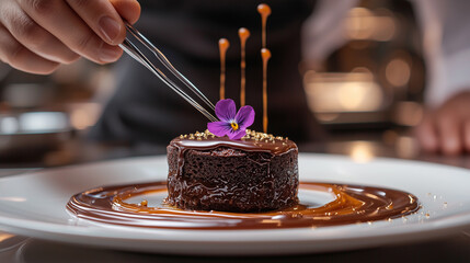 A pastry chef using silver tweezers to carefully position a sugared violet petal atop a gourmet chocolate souffle