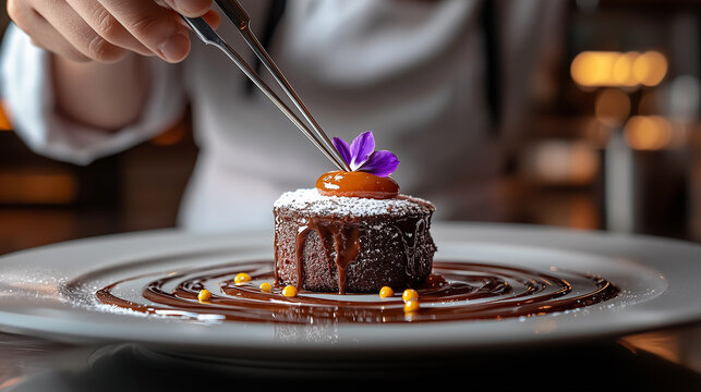 A pastry chef using silver tweezers to carefully position a sugared violet petal atop a gourmet chocolate souffle