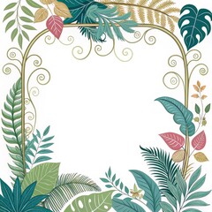 Fototapeta premium Floral Frame Illustration Tropical Leaves and Ornate Arch, greenery, foliage