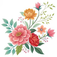 Floral Bouquet Watercolor Illustration with Pink, Orange and Red Blooms, botanical art ,floral design