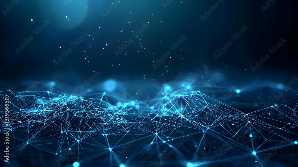 Poster dynamic blue plexus network on dark background with glowing particles and light motion visualisation
