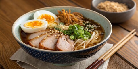 Delicious Ramen Bowl with Pork, Egg and Green Onions Close-Up, Japanese Cuisine, Noodles