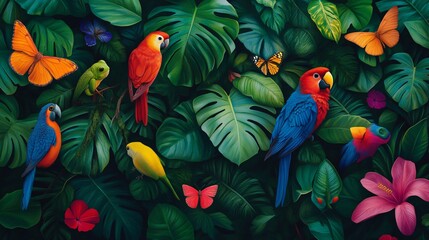 International Day for Biological Diversity Colorful tropical birds and butterflies, vibrant nature scene surrounded by lush green foliage, ideal for nature themes.