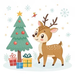 Cute Reindeer with Christmas Tree and Gifts, Cartoon , Holiday
