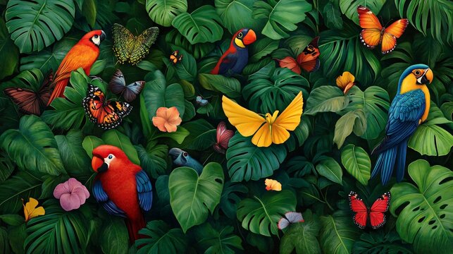 International Day for Biological Diversity Vibrant tropical scene, colorful butterflies and diverse flowers amidst lush green leaves, ideal for nature themes and designs. - Powered by Adobe