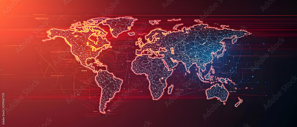 Poster abstract world map with glowing lines and dots on gradient red and blue background representing glob