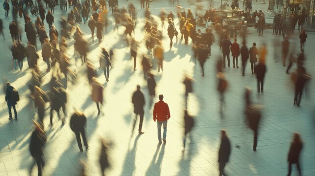 A large group of people passing by in one direction, all motion blurred, only one man sharp and standing in the opposite direction