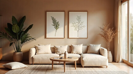 Japandi-style living room with warm mocha tones, neutral decor, framed botanical artwork, and natural elements. Concept of minimalist, nature-inspired, and cozy home design.