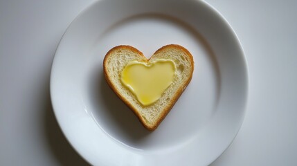 A heart-shaped toast with melted butter, sitting on a pristine white plate 