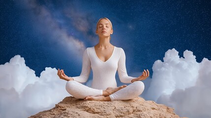 Woman Meditating on Rock Surrounded by Clouds Under Starry Night Sky