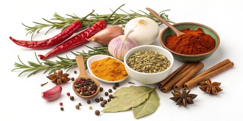 Assorted Spices Chili, Cinnamon, Garlic and Herbs on White Background. , Spices, Ingredients