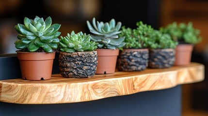 Obraz premium Succulent plants in small pots on a wooden shelf