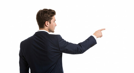 Businessman in Dark Suit Pointing Towards White Background