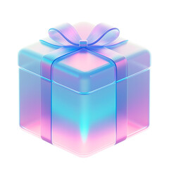 3d glass holographic icon gift. Rainbow crystal material with pink blueneon  gradient. 3D illustration on png
