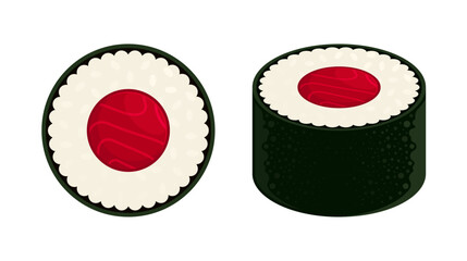Tekka maki (Tekkamaki) sushi with raw tuna. Japanese food, seafood, and asian traditional cuisine concept. Flat vector illustration iIsolated on white background	
