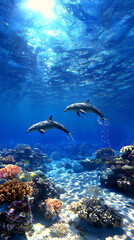 Fototapeta premium underwater paradise with playful dolphins